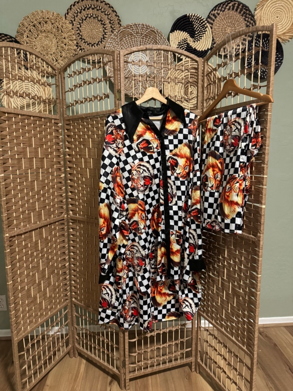 LALA Checkered Lion and Tiger Print Two-Piece Set - Bold Black & Orange